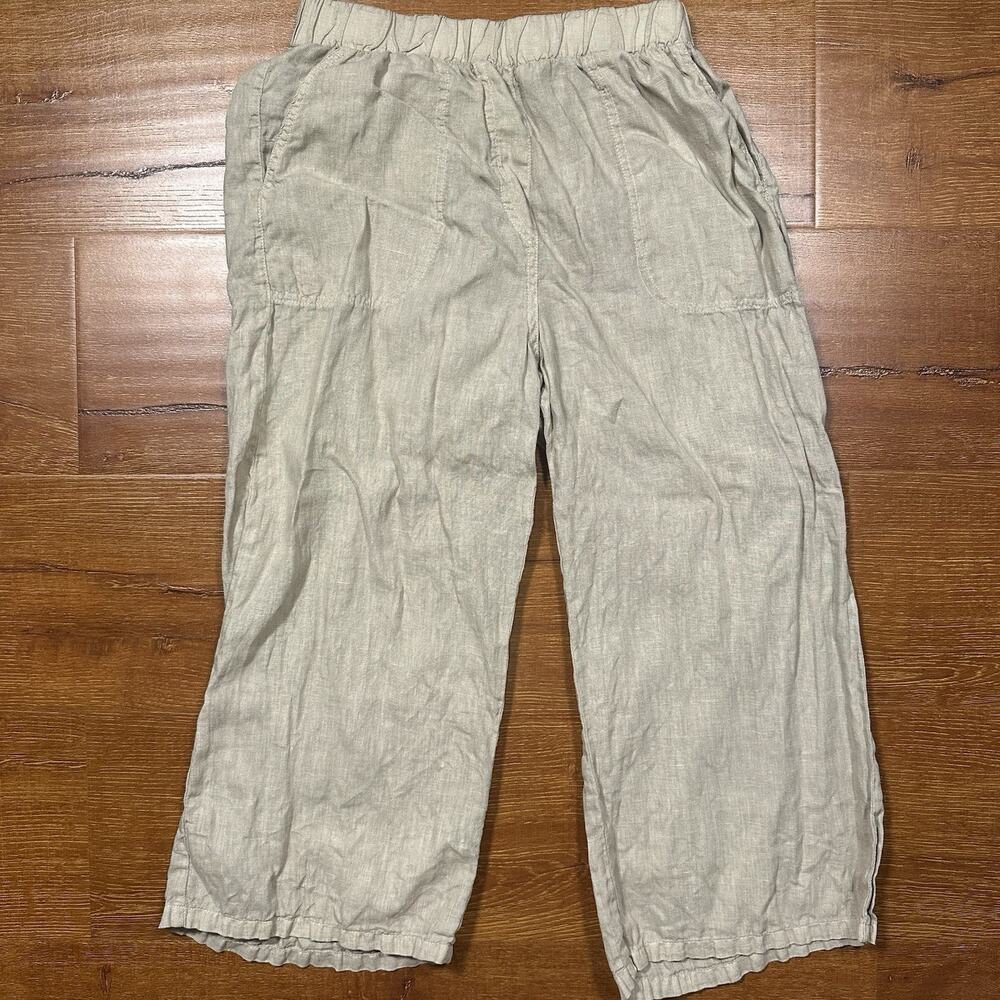 Cut Loose Cropped Wide Leg Linen Pants Womens XS Khaki Pockets Pull On Tropical